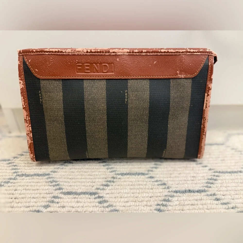 FENDI Vintage Classic Brown Canvas Leather Pequin Striped Logo Clutch Pouch - Picture 1 of 16